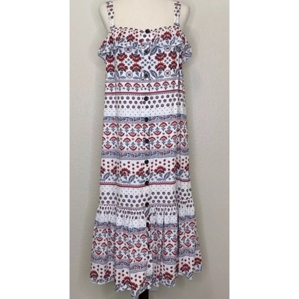 Ann Taylor Button Down Tiered Maxi Summer Dress Womens MEDIUM BOHO AZTEC